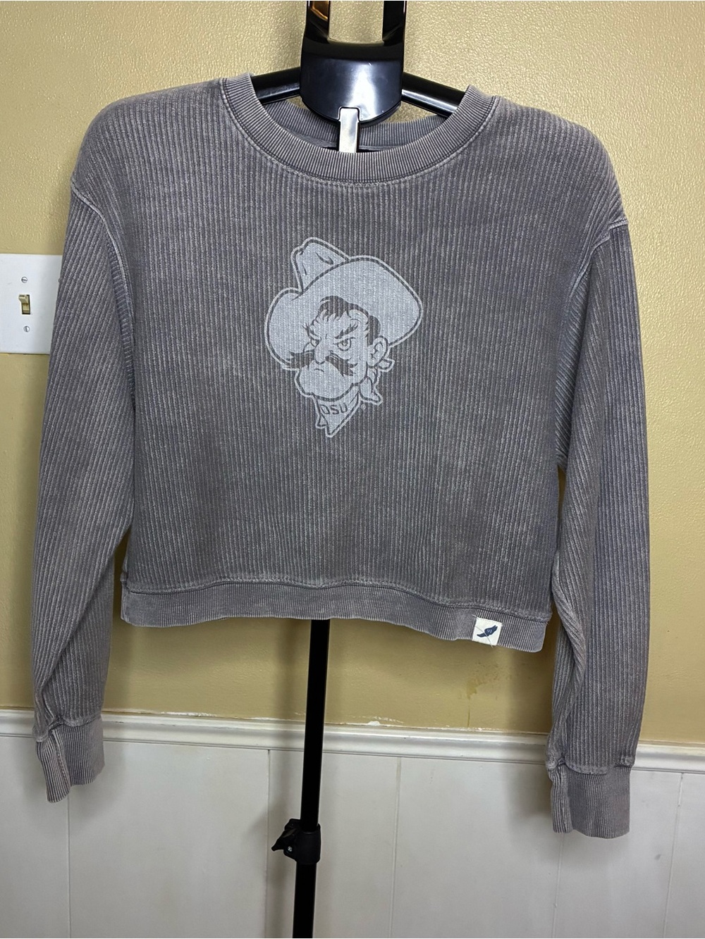 League Gray Cropped Corded Sweatshirt with Cowboy Graphic